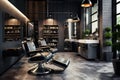 Modern hair beauty salon with dark design, luxury barbershop interior
