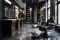 Modern hair beauty salon with dark design, luxury barbershop interior