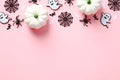 Modern Halloween Pink Background With Pumpkins, Spiders, Web, Ghosts. Top View, Flat Lay
