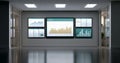 Modern hallway with multiple digital screens displaying various business charts and data analytics on a gray wall Royalty Free Stock Photo