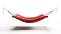Modern hammock with red cushioning suspended by chains on a white background