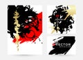 Modern hand drawn banners with black, gold and red ink grunge elements in japan or china painting style