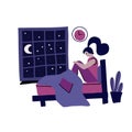 Woman with insomnia. Modern hand drawn flat concept with sad unhappy young woman sitting on a bed at Night. Sleepless girl. Vector