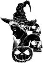 black silhouette of hand drawn illustration of witch and skull Royalty Free Stock Photo