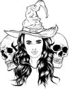 monochrome hand drawn illustration of witch and skulls Royalty Free Stock Photo