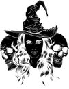 vector black silhouette of witch and skulls Royalty Free Stock Photo