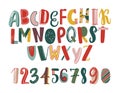 Modern hand drawn latin font or english alphabet for children decorated with scrawl. Bright letters arranged in