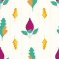 Modern hand drawn purple flower buds and multicolor leaves. Seamless vector pattern on subtle grunge striped background