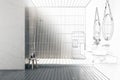 Modern hand drawn sketch of bathroom interior with two mirrors, decorative plant, shower and other items. Lifestyle, hotel,