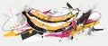 This is a modern hand drawn textured illustration of a graffiti banana with leaks and dots in urban graffiti style. It