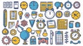 Modern hand drawn time management icons with clock, gear, and calendar on white background. Time management doodle icons Royalty Free Stock Photo