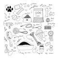 Modern hand drawn vector illustration of dog accessories. Pet objects: leash, collar, charm, dog food, bowl, toys and floral