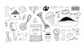 Modern hand drawn vector illustration of dog accessories. Pet objects: leash, collar, charm, dog food, bowl, toys and floral