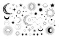 Modern hand drawn vector illustration of planet, star, sun, comet. Universe line drawings. Solar system and Cosmos. Trendy space