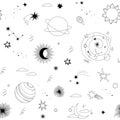 Modern hand drawn vector seamless pattern - cosmos and planets, stars, sun, comets. Universe line drawings. Solar system