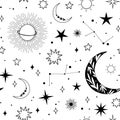 Modern hand drawn vector seamless pattern of planet, star, sun, comet. Universe line drawings. Solar system and Cosmos background