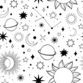 Modern hand drawn vector seamless pattern of planet, star, sun, comet. Universe line drawings. Solar system and Cosmos background