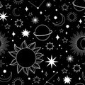 Modern hand drawn vector seamless pattern of planet, star, sun, comet. Universe line drawings. Solar system and Cosmos background