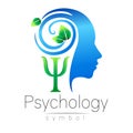 Modern head Logo sign of Psychology. Profile Human. Green Leaves. Letter Psi . Symbol in vector. Design concept. Brand