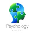 Modern head sign of Psychology. Puzzle. Profile Human. Creative style. Symbol in . Design concept. Brand company. Blue