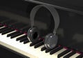 Modern headphone on piano keyboard 3d illustration.