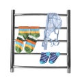 Modern heated towel rail with socks and underwear isolated on white