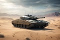 Modern heavy military tank rolling across a desert landscape. Generative AI Royalty Free Stock Photo