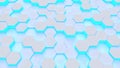 Modern hexagonal glowing blue medical background texture pattern. Honeycombs at different level. 3d rendering illustration. Royalty Free Stock Photo