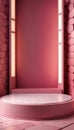 Modern hexagonal pink interior with platform and soft lighting