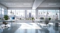 Modern hi-tech open space office with floor-to-ceiling windows and city view. White glossy floor, white walls, large Royalty Free Stock Photo