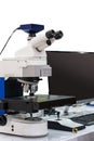 Modern & high accuracy microscope during sample or specimen inspection for quality control in industrial metallurgy electronic