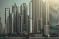 Modern high buildings, Dubai skyline, UAE in summer evening