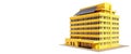 Modern high-rise yellow urban house with solar panels on the roof on a white background, isolate. AI generated.