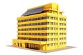 Modern high-rise yellow urban house with solar panels on the roof on a white background, isolate. AI generated.