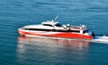 A modern high-speed catamaran ferry travels fast across the sea