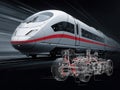 Modern high-speed train, metallic silver with red stripes, streamlined shape Left half Photorealistic image on tracks, right half Royalty Free Stock Photo