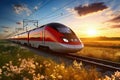 A modern high-speed train moves along the railway tracks against the backdrop of a field at sunset. High-speed rail transport