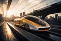 A modern high-speed train moves along the railway tracks against the backdrop of a field at sunset. High-speed rail transport Royalty Free Stock Photo