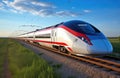 A modern high-speed train moves along the railway tracks against the background of the field. High-speed passenger rail transport Royalty Free Stock Photo