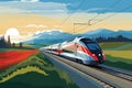 A modern high-speed train moves along the railway tracks against the background of the field. High-speed passenger rail transport Royalty Free Stock Photo