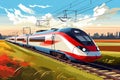 A modern high-speed train moves along the railway tracks against the background of the field. High-speed passenger rail transport Royalty Free Stock Photo