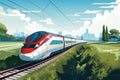 A modern high-speed train moves along the railway tracks against the background of the field. High-speed passenger rail transport Royalty Free Stock Photo