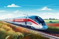 A modern high-speed train moves along the railway tracks against the background of the field. High-speed passenger rail transport Royalty Free Stock Photo