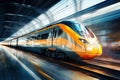 Modern high-speed train moves in the tunnel. Blur effect from a fast moving train. Selective focus. High-speed rail transport Royalty Free Stock Photo