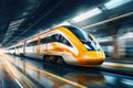 Modern high-speed train moves in the tunnel. Blur effect from a fast moving train. Selective focus. High-speed rail transport Royalty Free Stock Photo