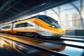 Modern high-speed train moves in the tunnel. Blur effect from a fast moving train. Selective focus. High-speed rail transport Royalty Free Stock Photo