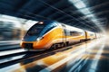 Modern high-speed train moves in the tunnel. Blur effect from a fast moving train. Selective focus. High-speed rail transport Royalty Free Stock Photo