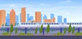 Modern high speed train riding city railway station vector cartoon illustration passenger transport