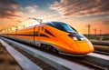 A modern high-speed train runs on the high-speed rail outside the city in summer Royalty Free Stock Photo