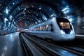 Modern high speed train in tunnel at night Royalty Free Stock Photo